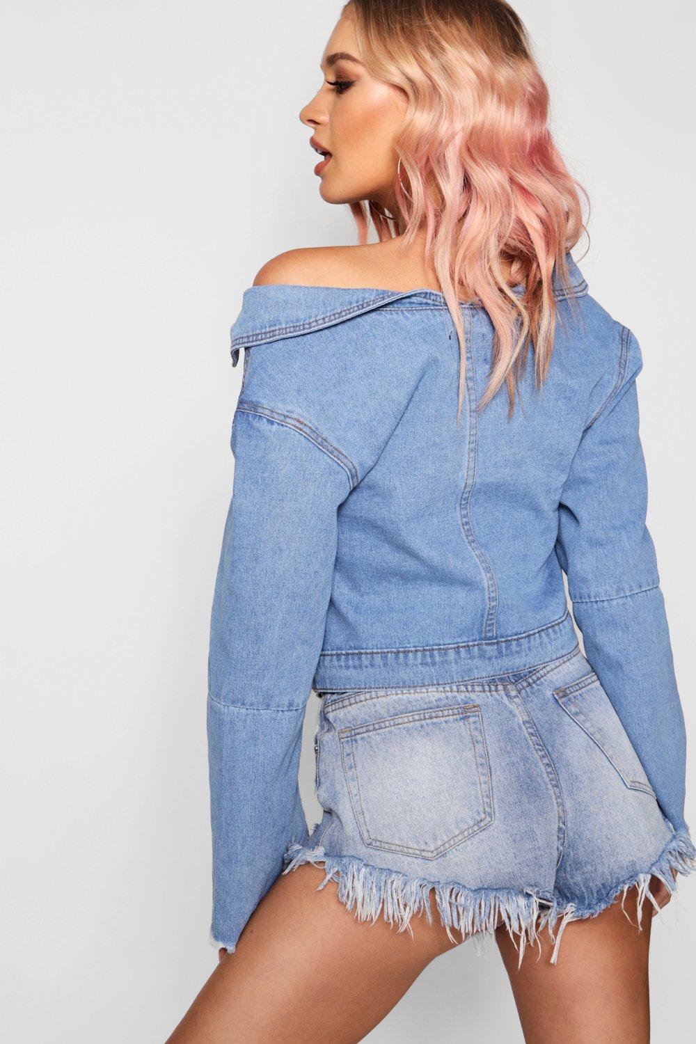 Off the shoulder blue jean outlet jacket